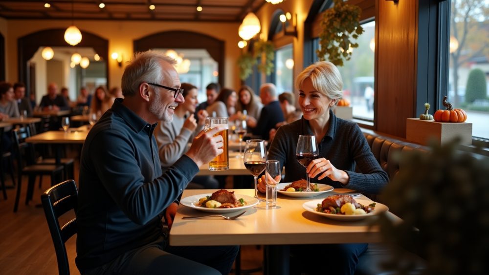 Ein Paar sitzt gemeinsam an einem Restauranttisch